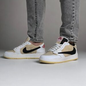 نایک ایر جردن 1 بدون ساق تراویس اسکات سفید خردلی ( Nike Air Jordan 1 Low Travis Scott WY)